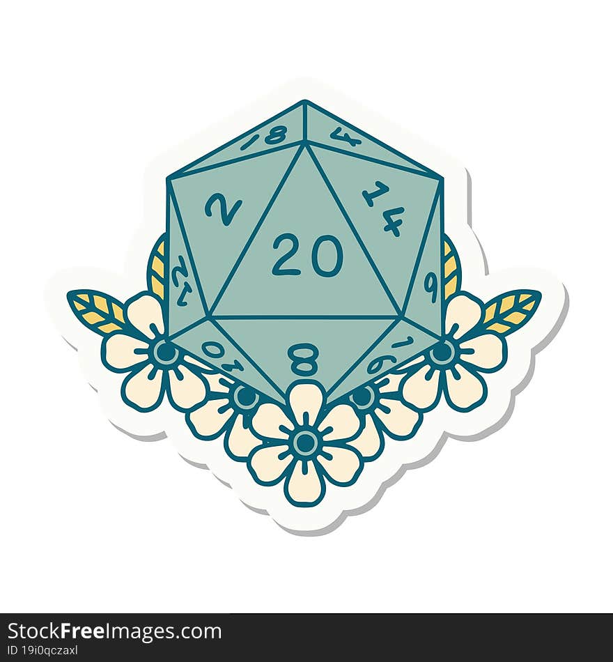 sticker of a natural 20 D20 dice roll with floral elements. sticker of a natural 20 D20 dice roll with floral elements