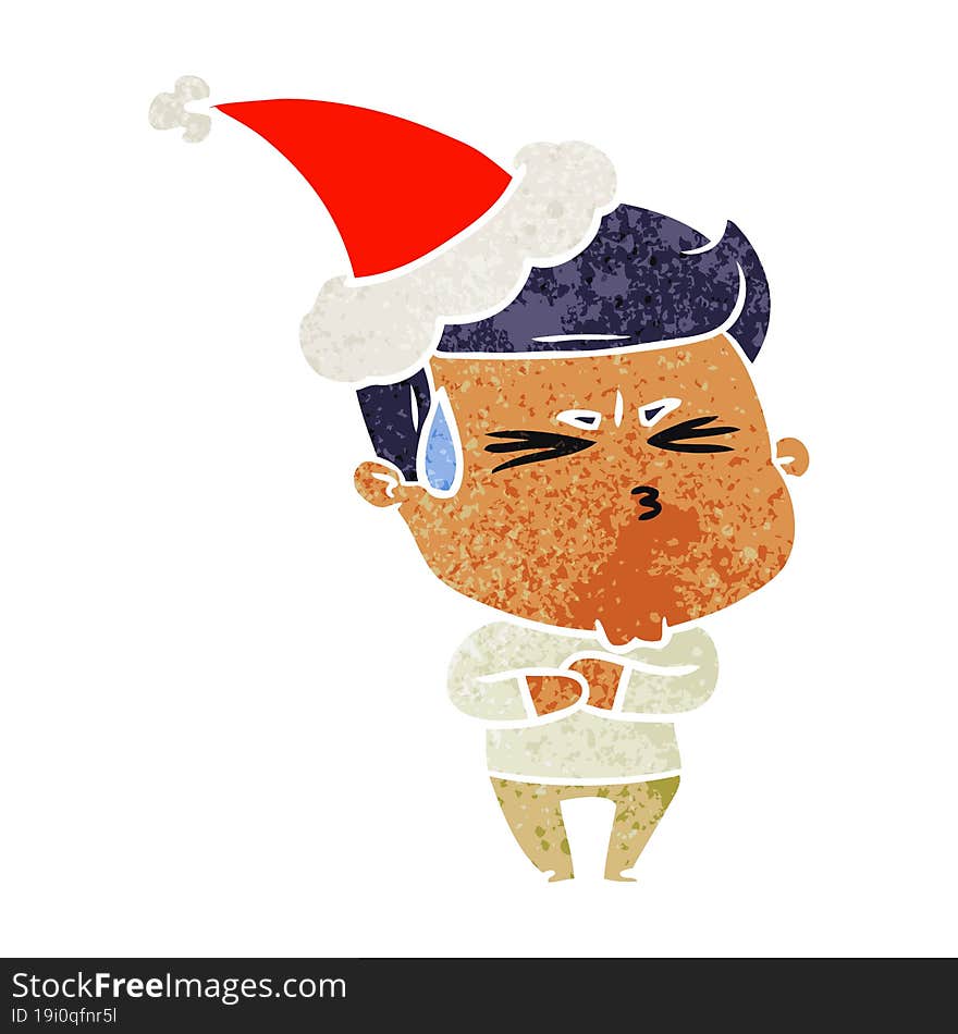 Retro Cartoon Of A Frustrated Man Wearing Santa Hat