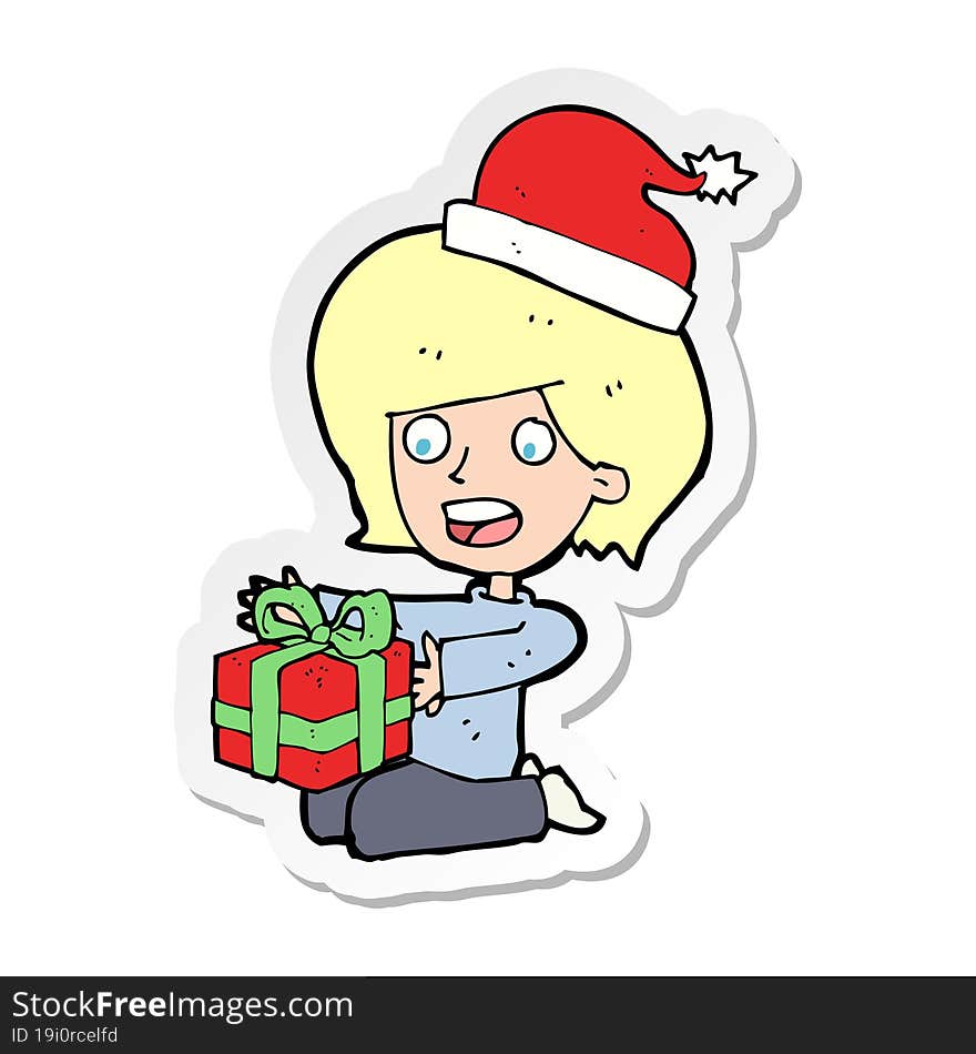 sticker of a cartoon woman opening presents