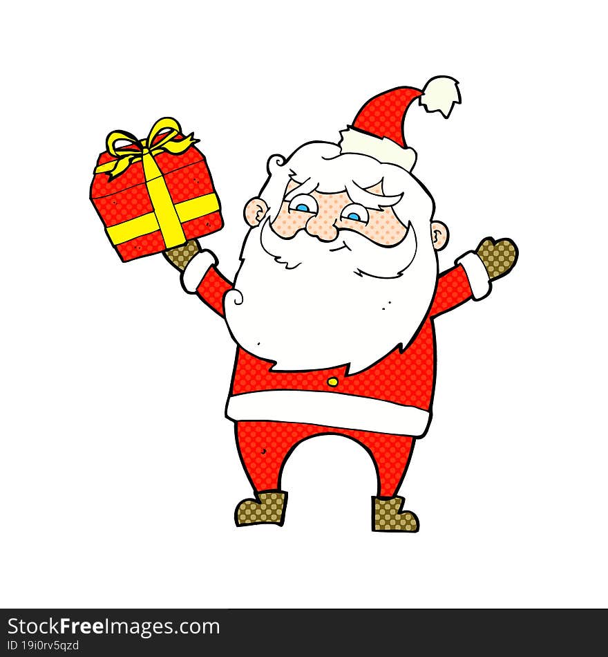 cartoon happy santa claus with present