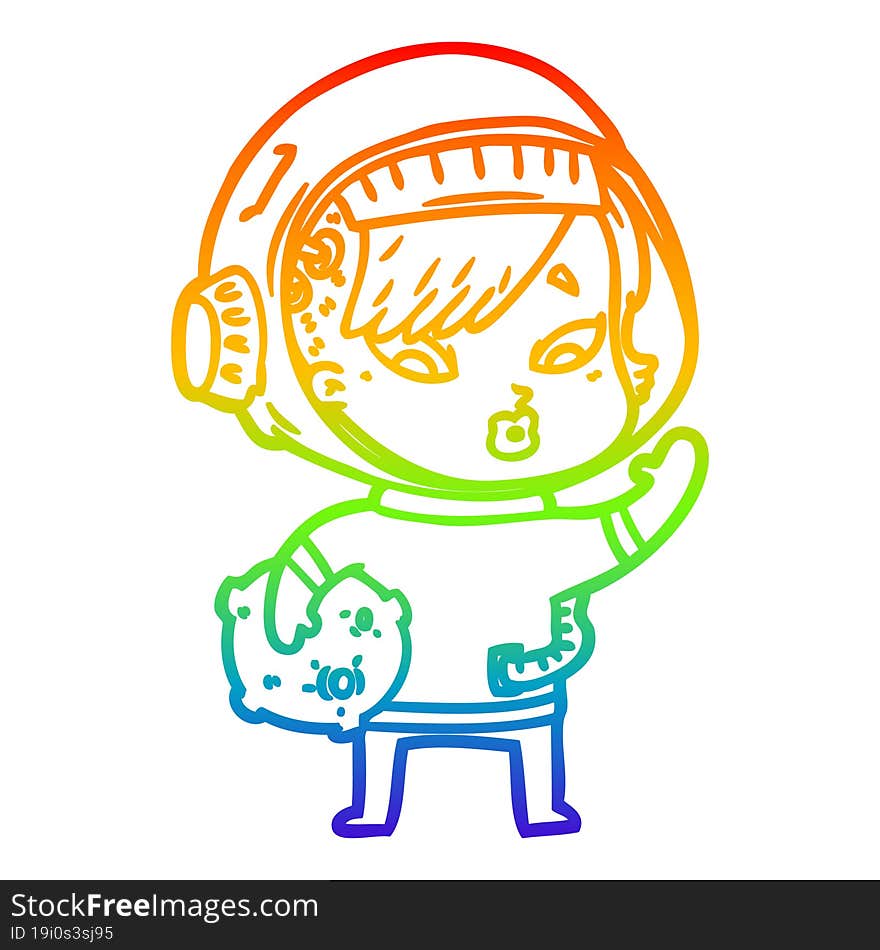 rainbow gradient line drawing of a cartoon astronaut woman