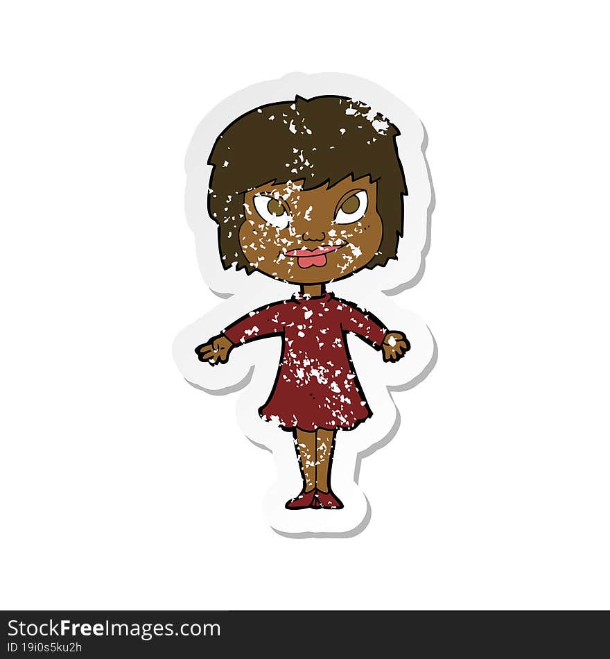 retro distressed sticker of a cartoon girl shrugging shoulders