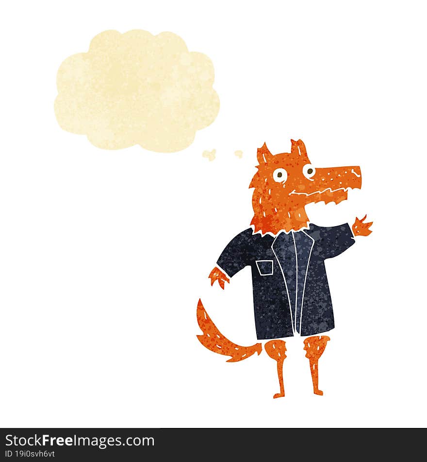 cartoon fox businessman with thought bubble