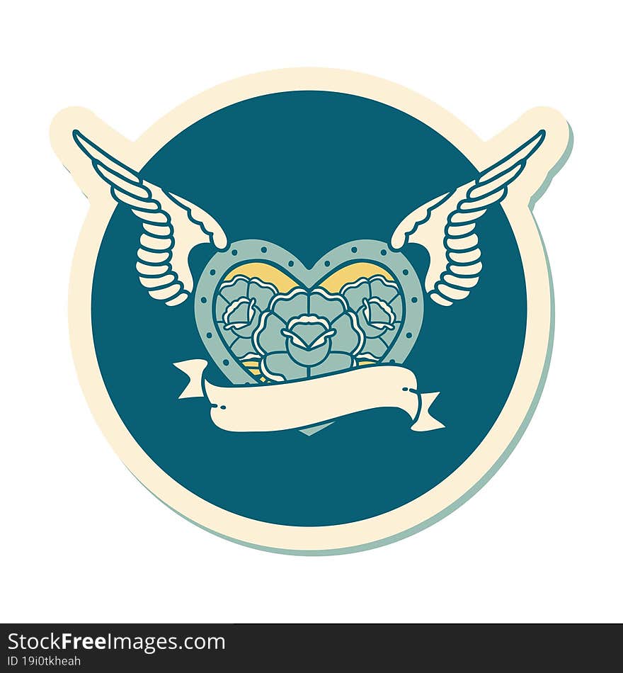 tattoo style sticker of a flying heart with flowers and banner