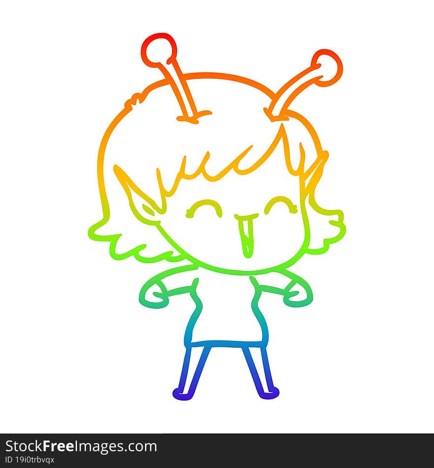 rainbow gradient line drawing cartoon alien girl laughing