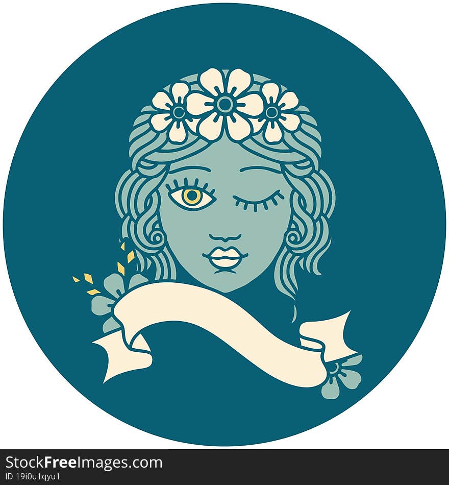 tattoo style icon with banner of a maiden with crown of flowers winking