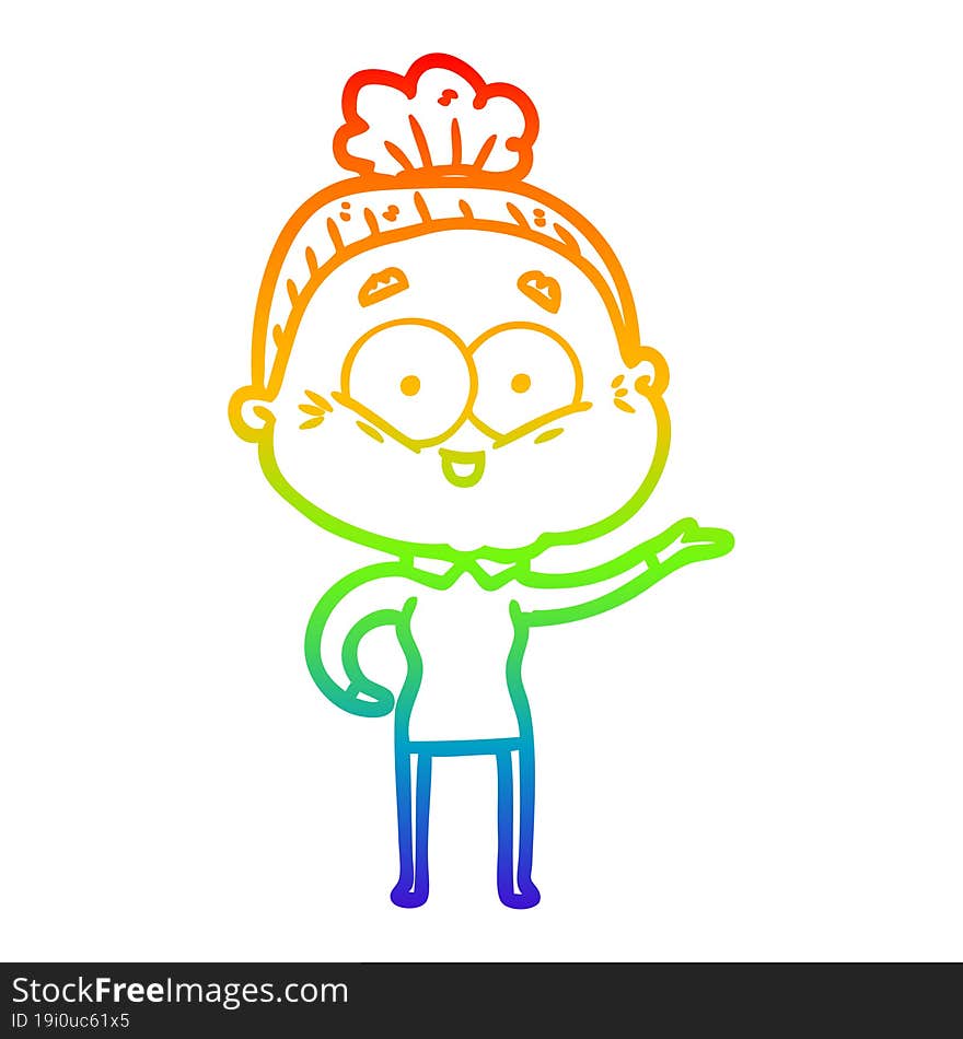 rainbow gradient line drawing of a cartoon happy old woman