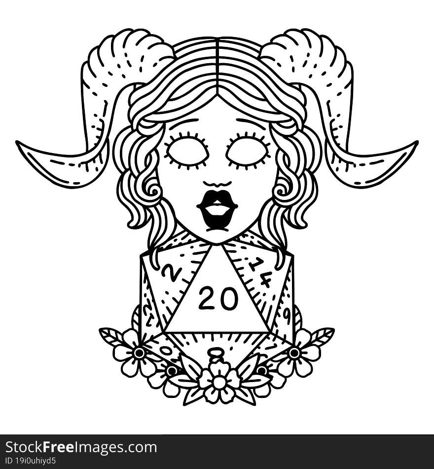 Black and White Tattoo linework Style tiefling with natural twenty dice roll. Black and White Tattoo linework Style tiefling with natural twenty dice roll