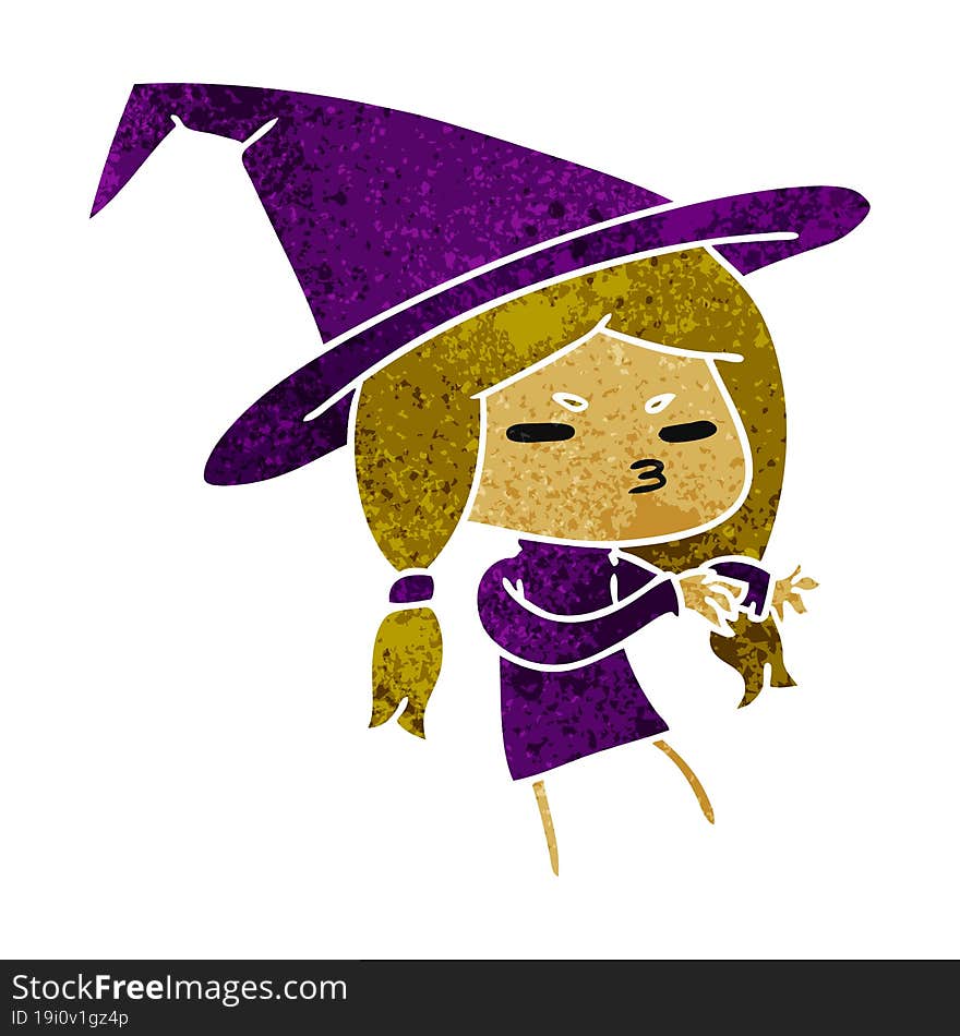 retro cartoon of a cute witch kawaii girl