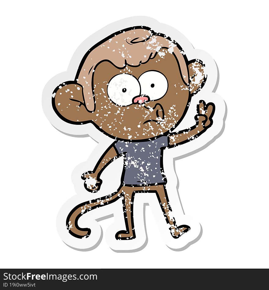 distressed sticker of a cartoon hooting monkey