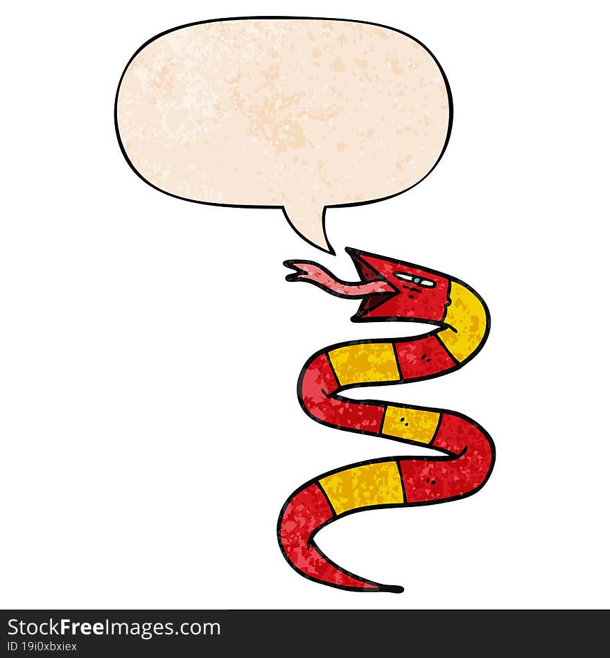 hissing cartoon snake and speech bubble in retro texture style