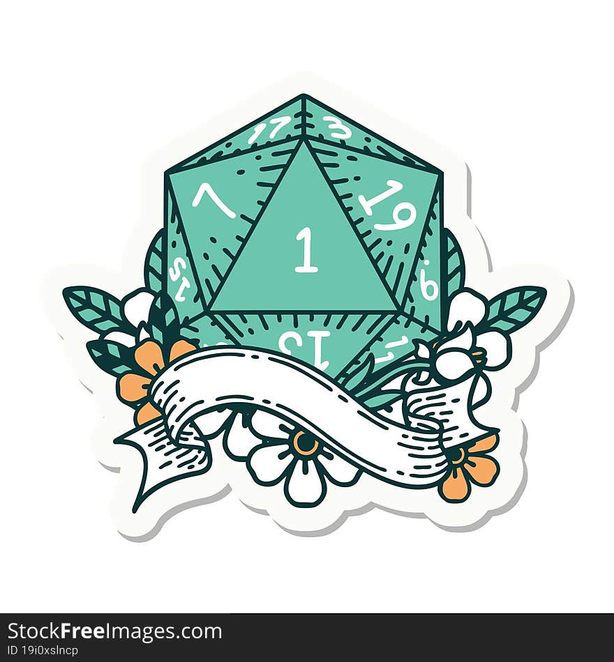 natural one d20 dice roll sticker