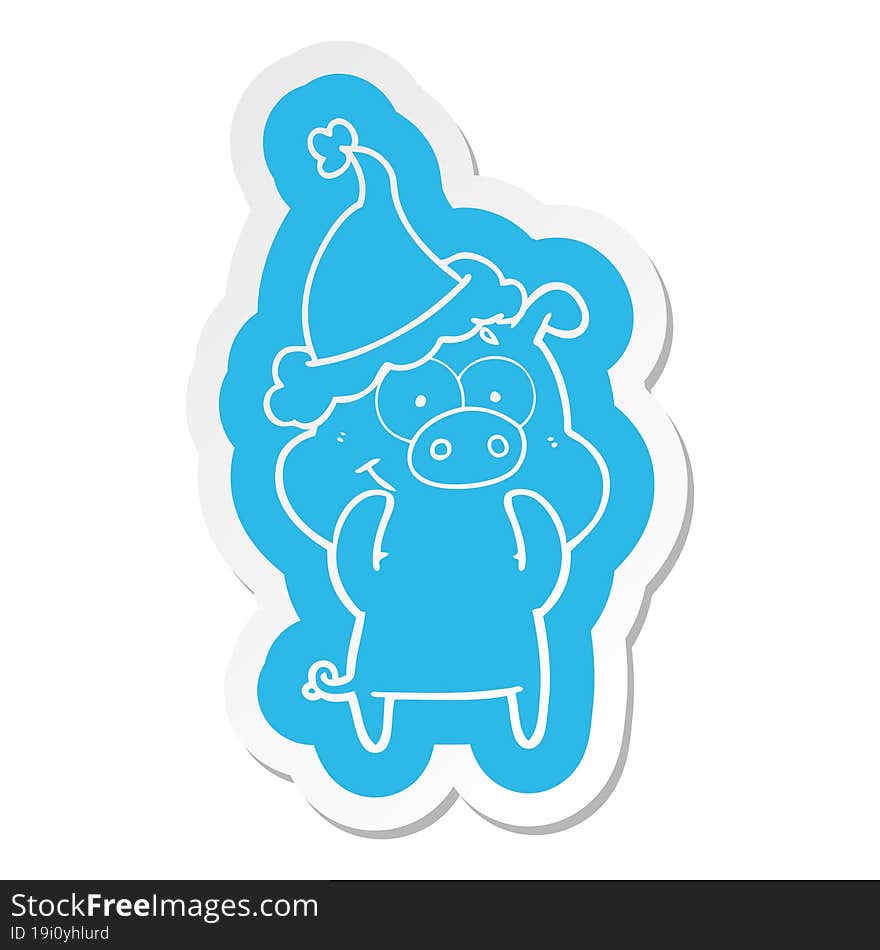 happy cartoon  sticker of a pig wearing santa hat