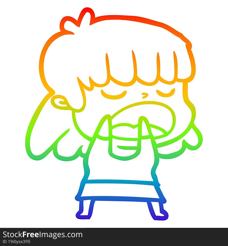 rainbow gradient line drawing of a cartoon woman talking loudly