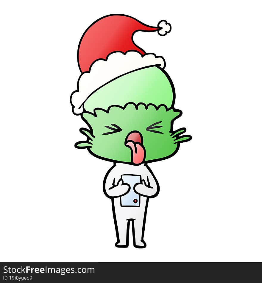 disgusted gradient cartoon of a alien wearing santa hat