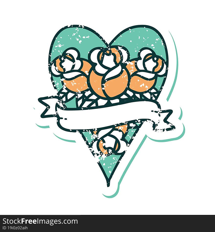 Distressed Sticker Tattoo Style Icon Of A Heart And Banner With Flowers