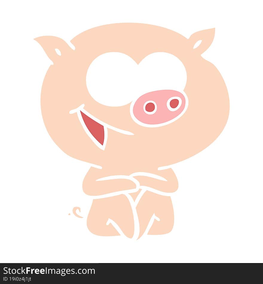 cheerful sitting pig flat color style cartoon