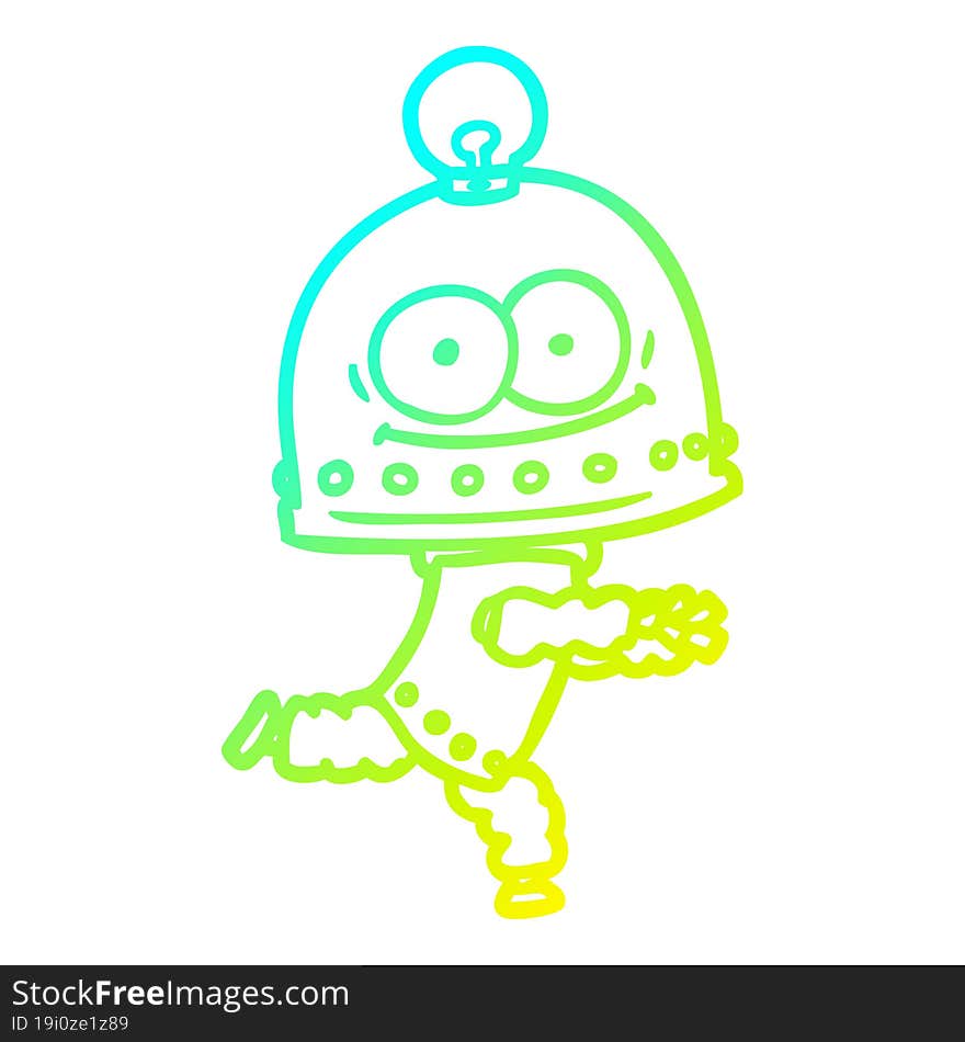 cold gradient line drawing of a happy carton robot with light bulb