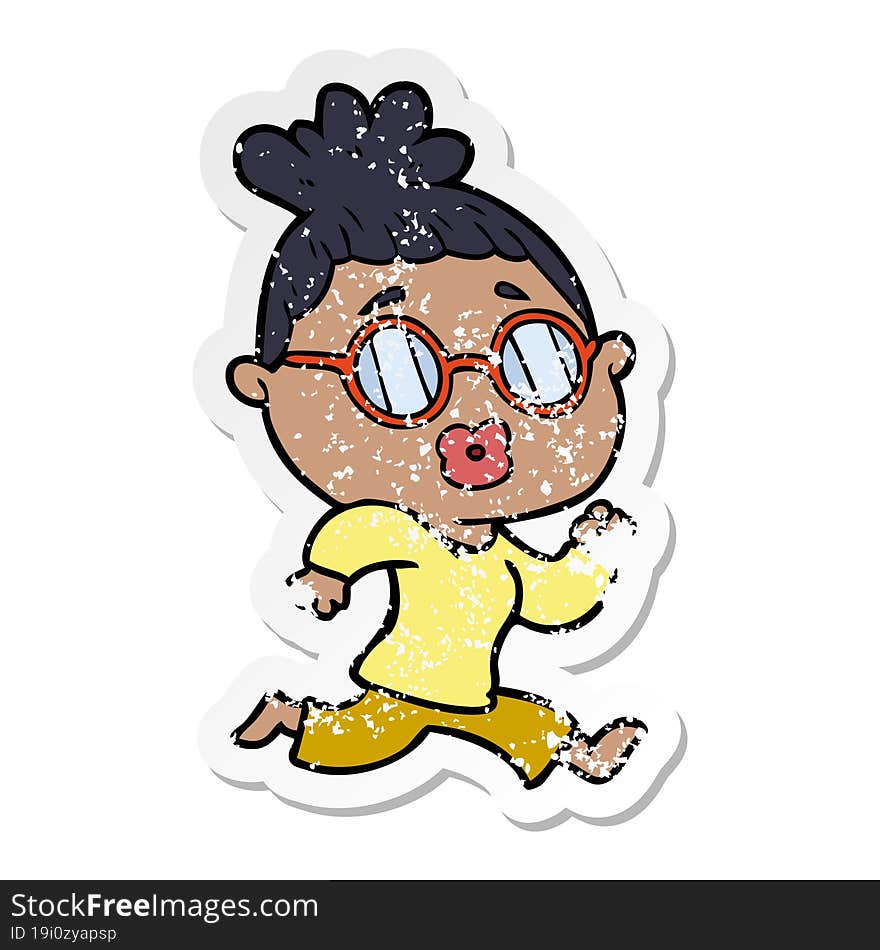 distressed sticker of a cartoon woman wearing spectacles