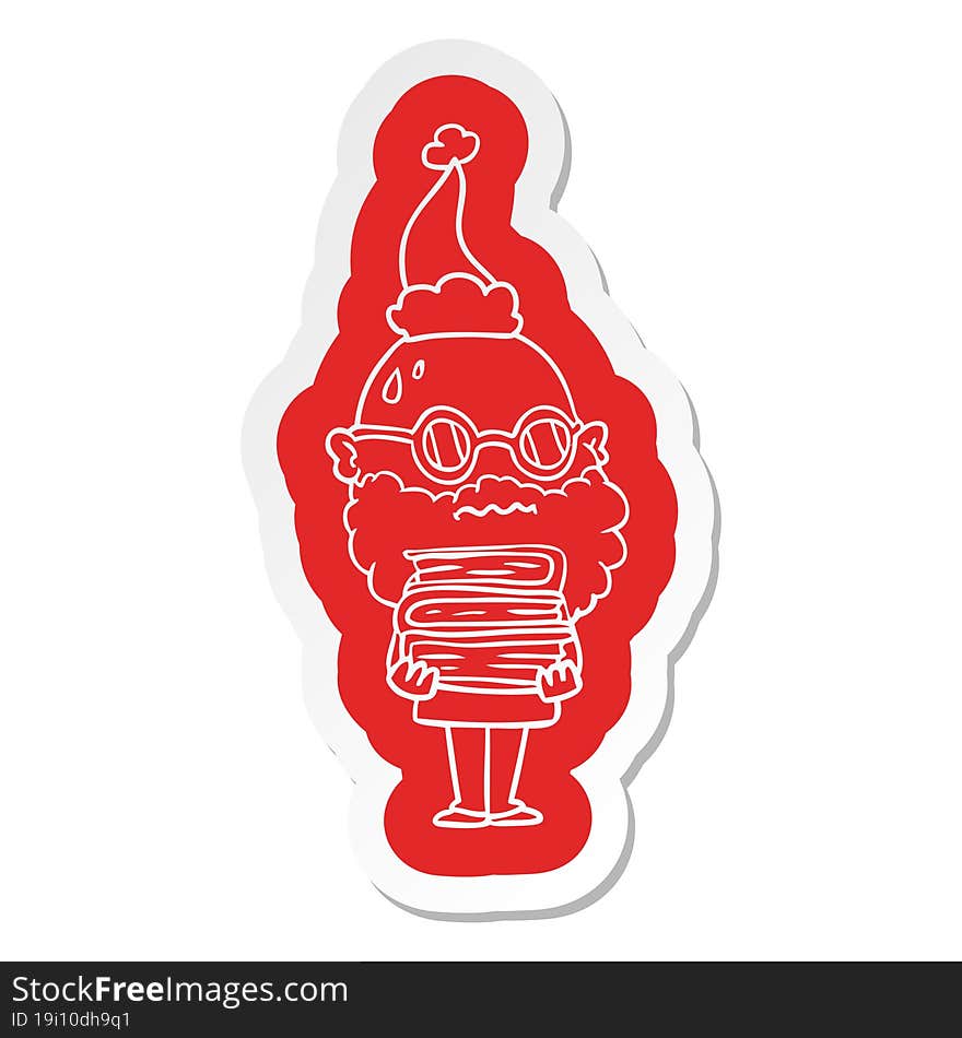 cartoon  sticker of a worried man with beard and stack of books wearing santa hat