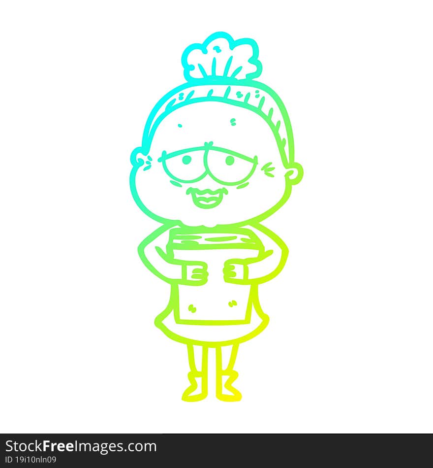 cold gradient line drawing of a cartoon happy old lady