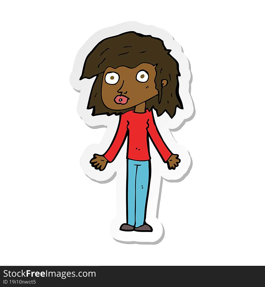 sticker of a cartoon girl shrugging shoulders