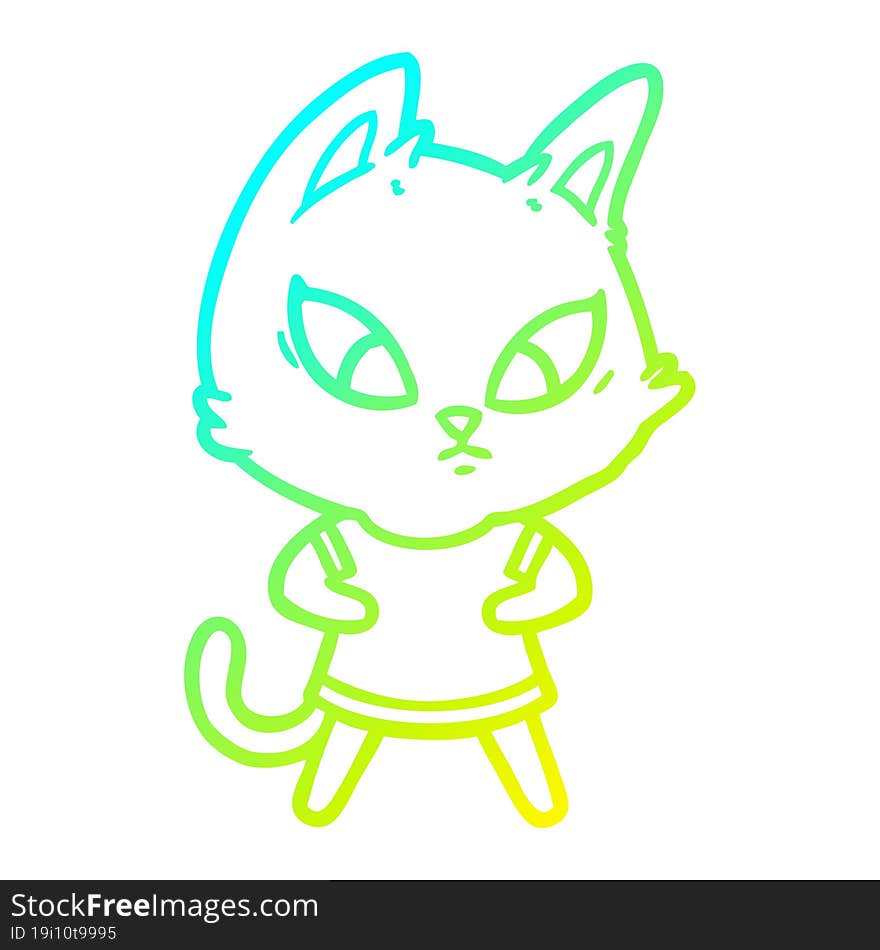 cold gradient line drawing confused cartoon cat in clothes