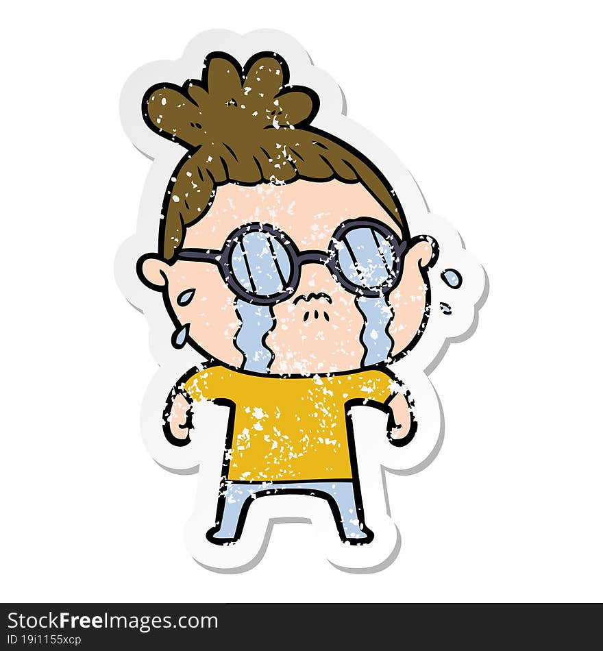 distressed sticker of a cartoon crying woman wearing spectacles