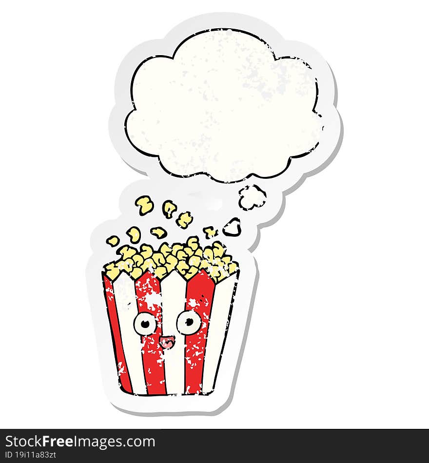 cartoon popcorn and thought bubble as a distressed worn sticker