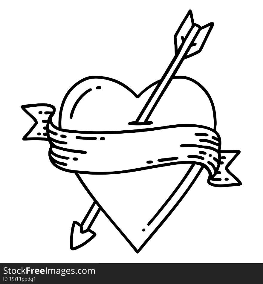 tattoo in black line style of an arrow heart and banner. tattoo in black line style of an arrow heart and banner