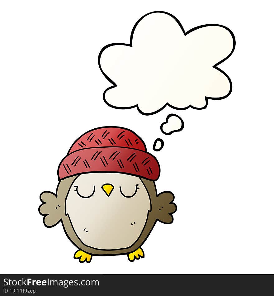 cute cartoon owl in hat and thought bubble in smooth gradient style