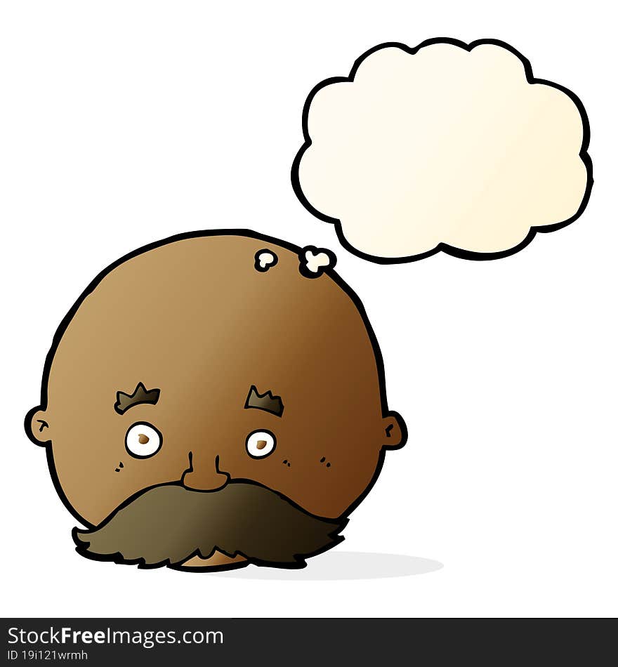 cartoon bald man with mustache with thought bubble