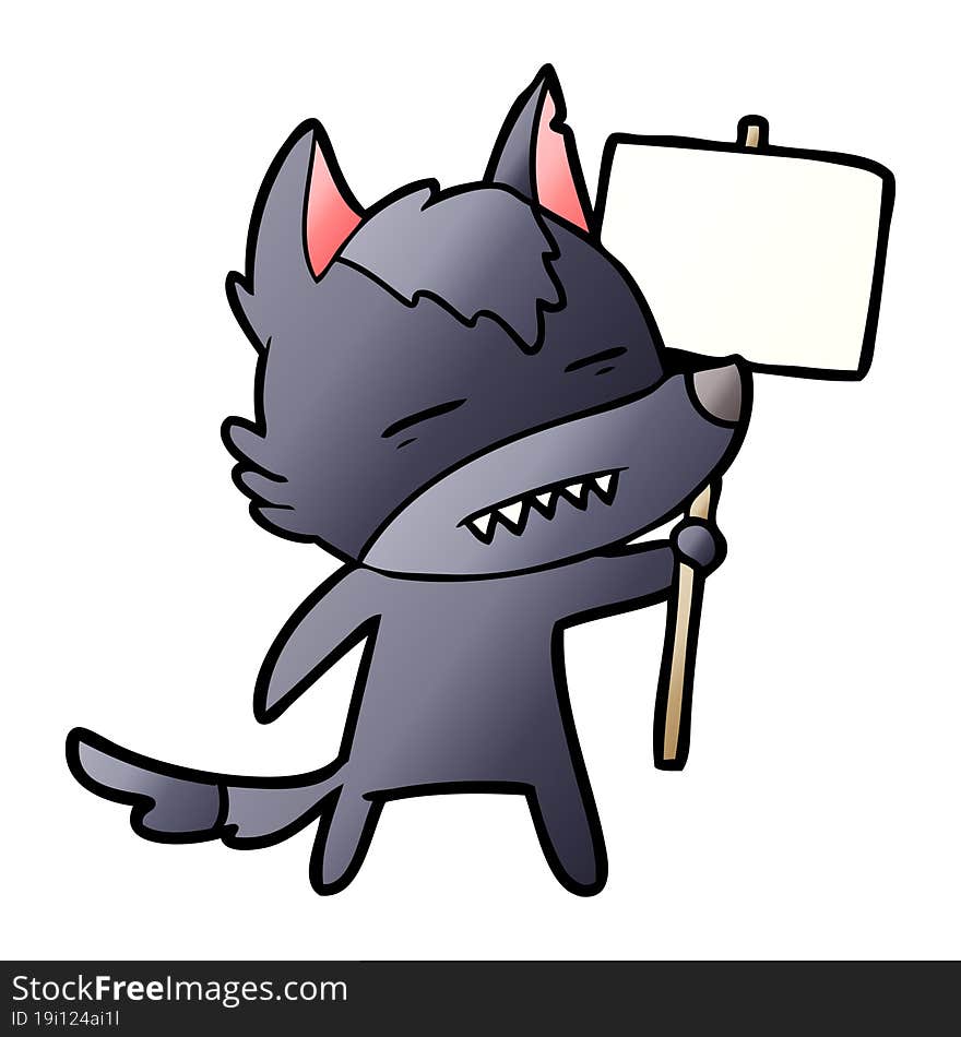 cartoon wolf with sign post showing teeth. cartoon wolf with sign post showing teeth