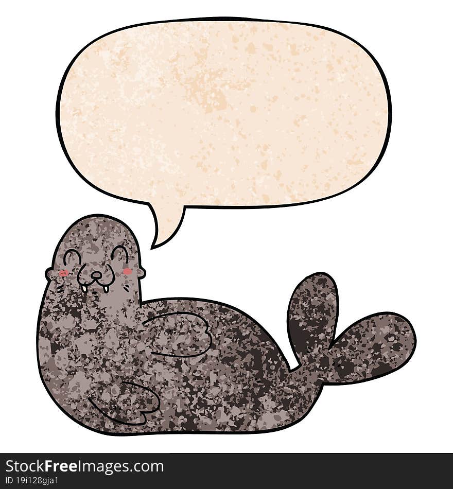 cartoon seal and speech bubble in retro texture style