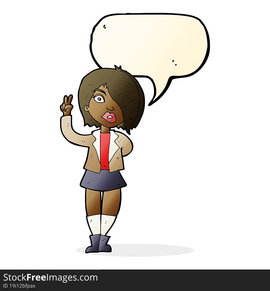 Cartoon Cool Girl Giving Peace Sign With Speech Bubble