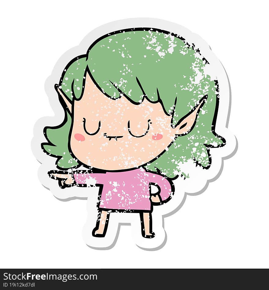 Distressed Sticker Of A Happy Cartoon Elf Girl