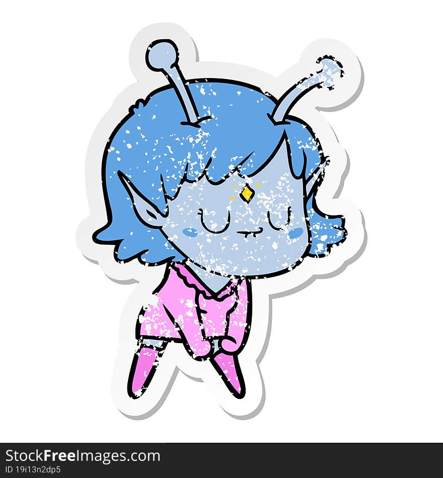 distressed sticker of a cartoon alien girl doing muscle pose