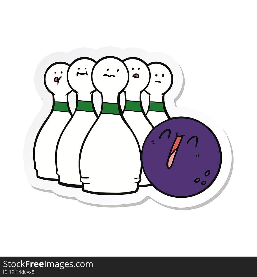 sticker of a cartoon laughing bowling ball and pins