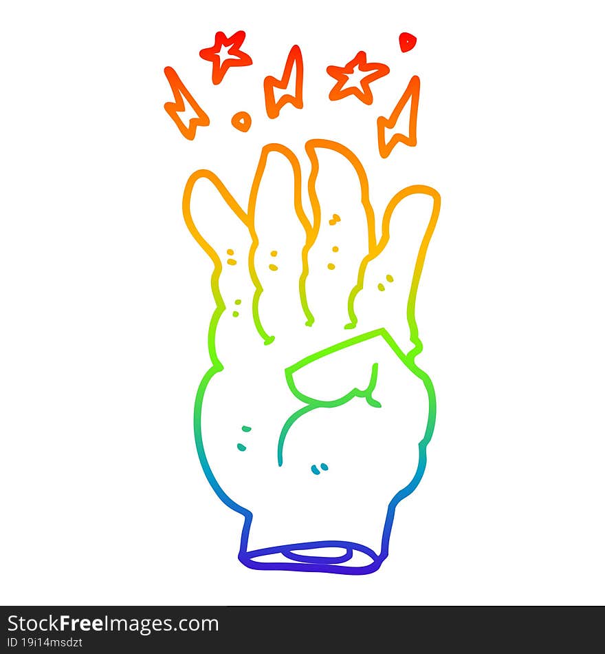 rainbow gradient line drawing of a cartoon spooky magic hand