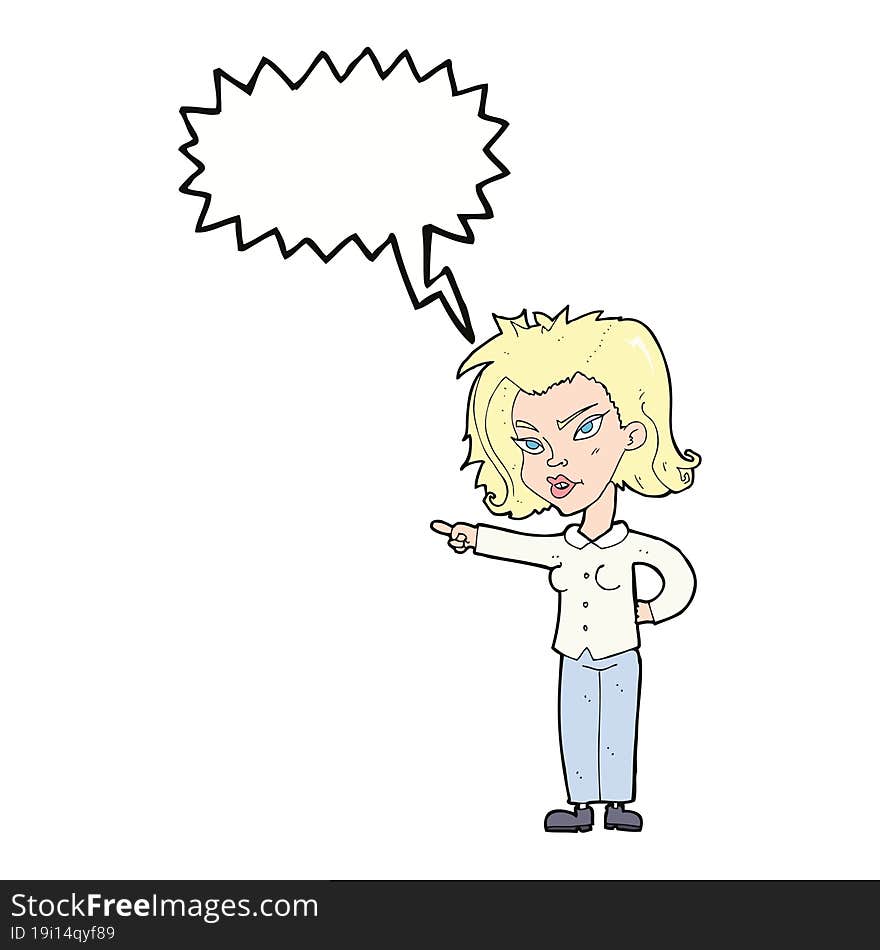 cartoon woman pointing with speech bubble