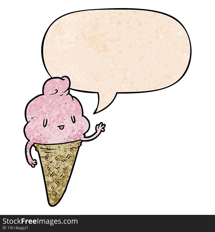 Cute Cartoon Ice Cream And Speech Bubble In Retro Texture Style