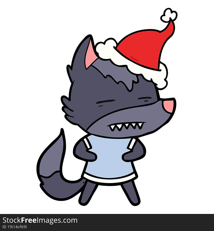 line drawing of a wolf showing teeth wearing santa hat