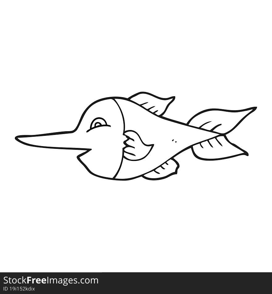 freehand drawn black and white cartoon swordfish