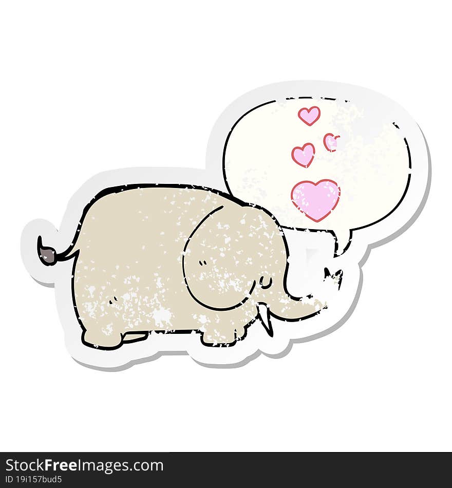 cute cartoon elephant and love hearts and speech bubble distressed sticker