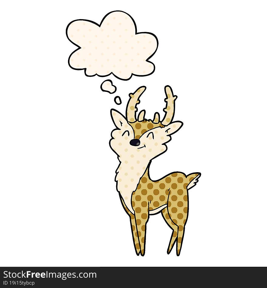 cartoon happy stag with thought bubble in comic book style