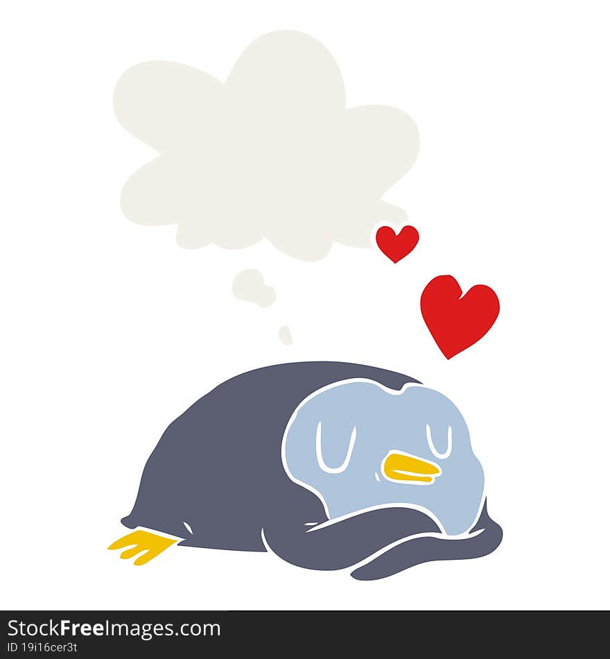 cartoon penguin in love with thought bubble in retro style