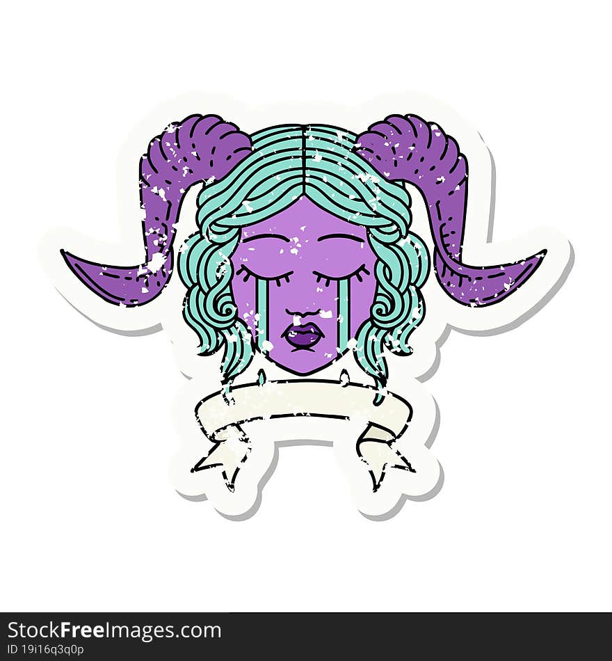 Retro Tattoo Style crying tiefling character face with scroll banner. Retro Tattoo Style crying tiefling character face with scroll banner