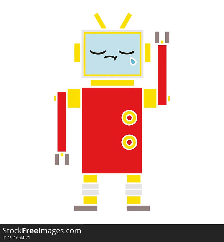 flat color retro cartoon of a crying robot