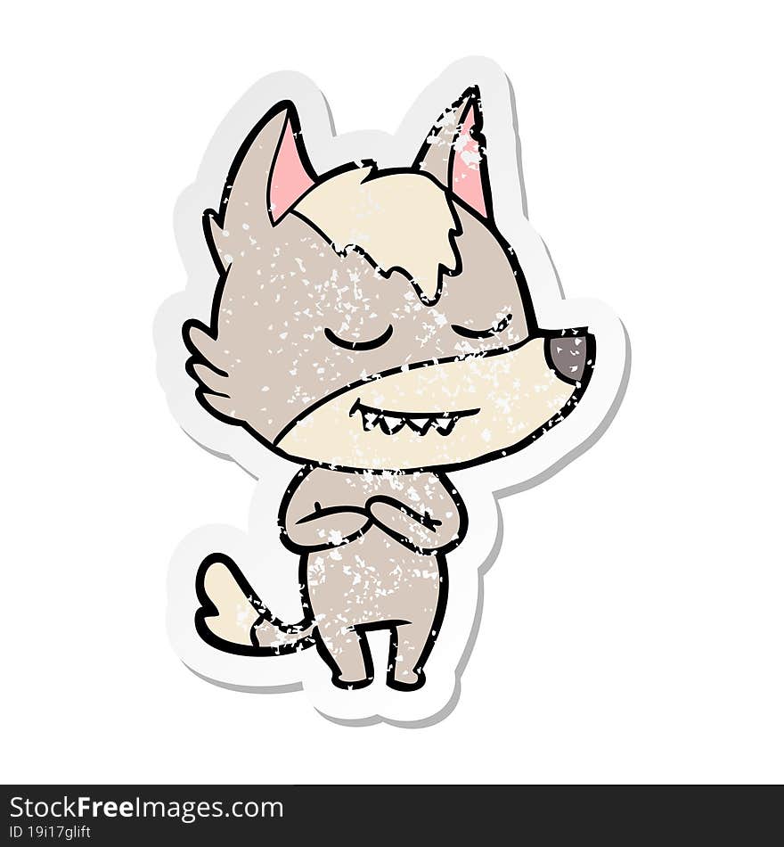 distressed sticker of a friendly cartoon wolf