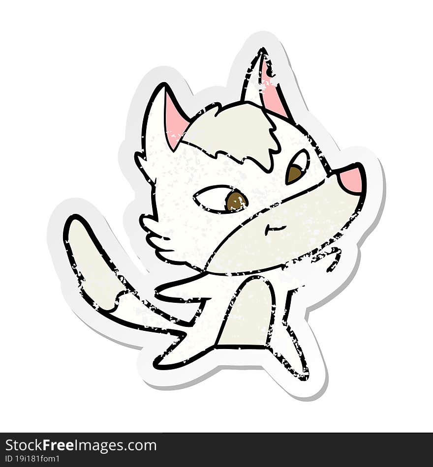 distressed sticker of a friendly cartoon wolf